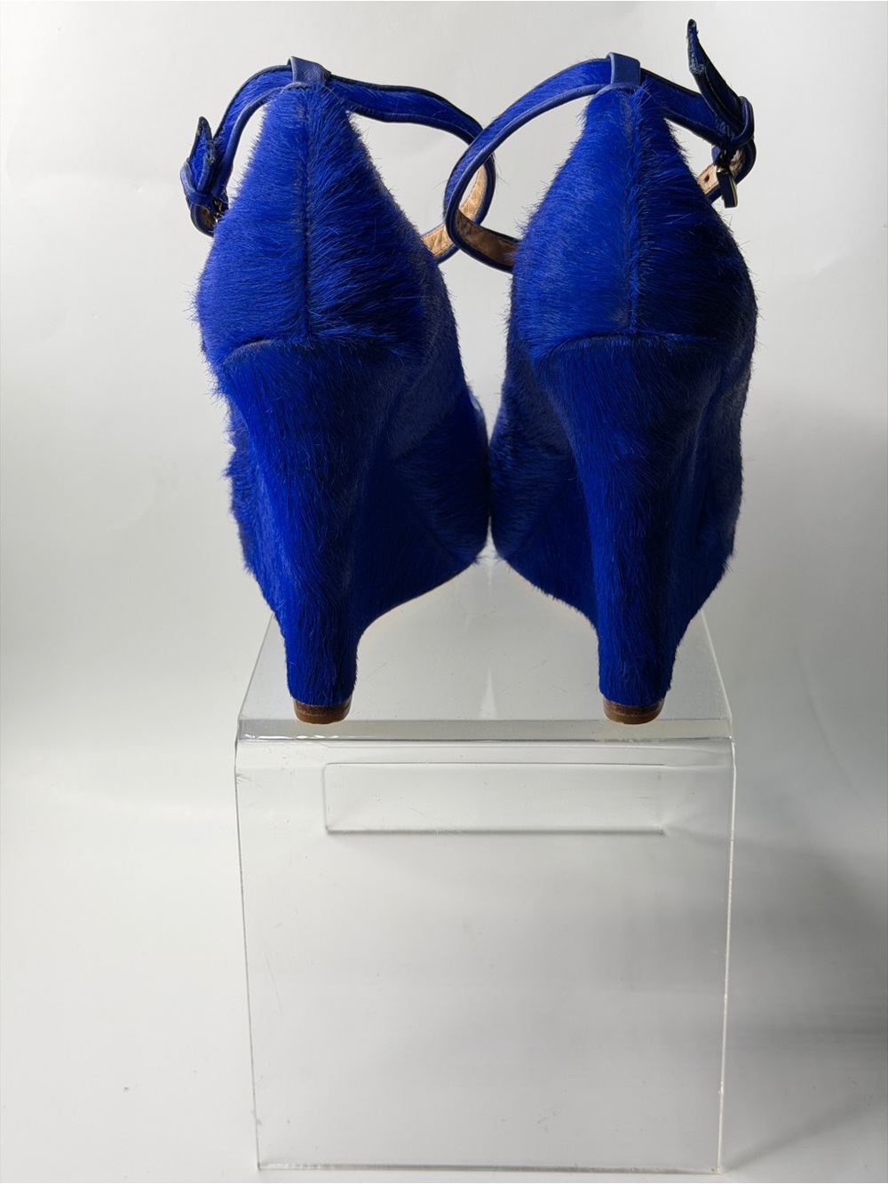Ann Taylor Vibrant Royal Blue Faux Fur Wedge Pumps with Ankle Strap - Picture 3 of 6